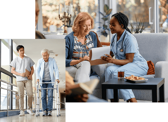 Care staff assisting residents in a comfortable lounge