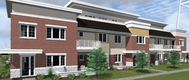 Exterior view of a senior living facility with greenery