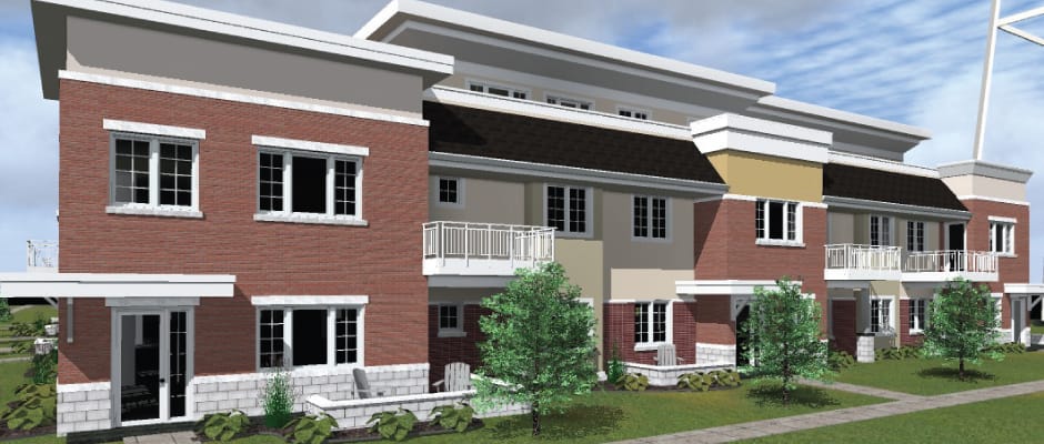 Exterior view of a senior living facility with greenery