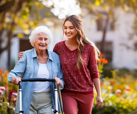 A resident and staff member enjoying a garden walk