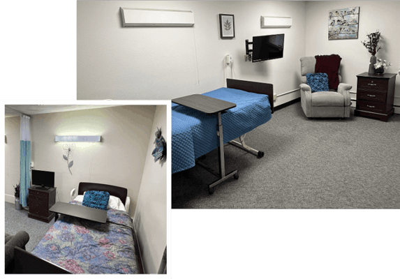 A private resident room with a bed and chair