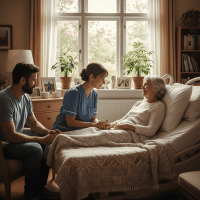 A caregiver interacting with a senior resident in a cozy room