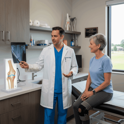 A doctor discussing treatment with a female patient in a clinic