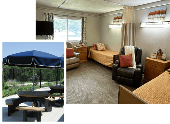 Comfortable resident room with a garden view and outdoor seating