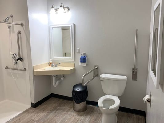 A well-equipped bathroom in a private resident room