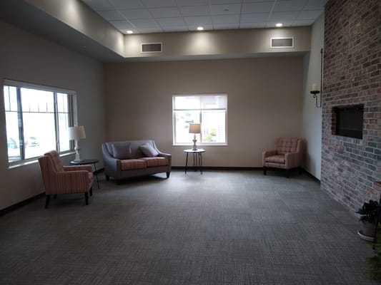 Bright interior common area with seating