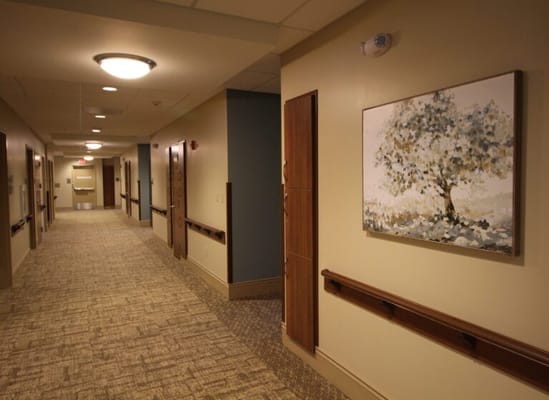 A hallway featuring artwork and handrails