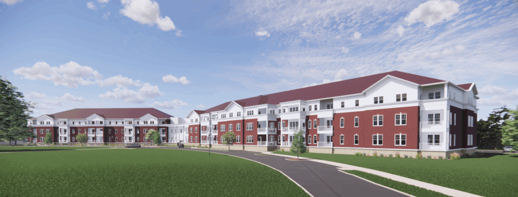 Exterior view of a nursing home facility with landscaped grounds