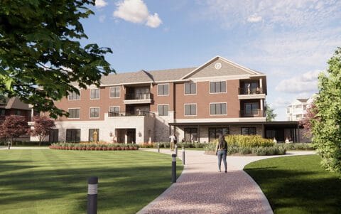 A well-designed assisted living facility with landscaped gardens