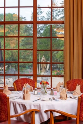 Well-set dining table with a view of the garden