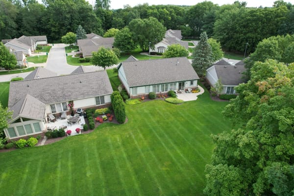 Aerial view of a scenic senior living community