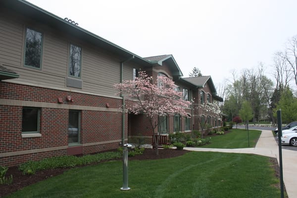 Building exterior with blooming trees and green lawn