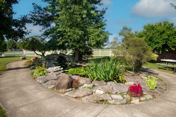 A serene garden path with flowers and greenery