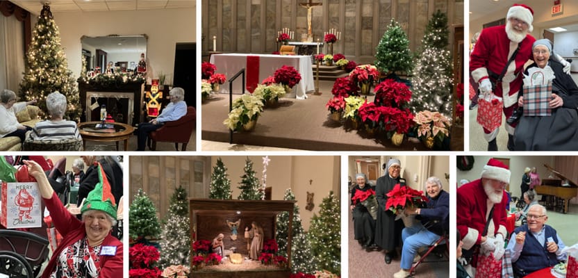 Residents celebrating Christmas with decorations and Santa