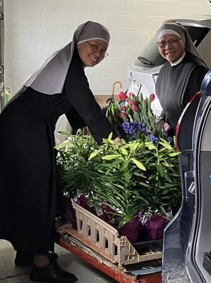 Two staff members arranging flowers indoors