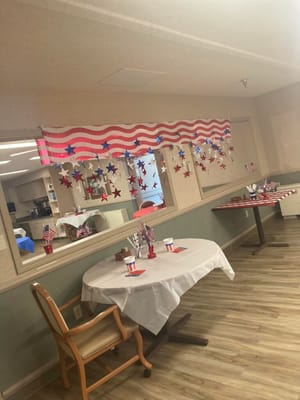 Decorated activity room for a holiday celebration