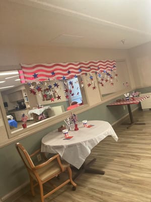 Decorated activity room for a holiday celebration