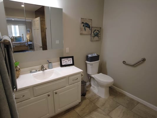 Bright bathroom with safety features and decor