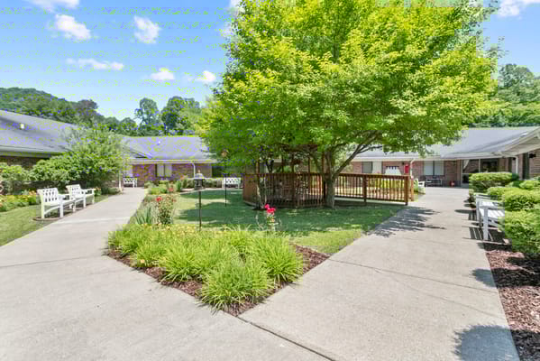 Well-maintained garden area with pathways and seating