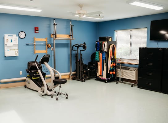Well-equipped therapy room with exercise equipment