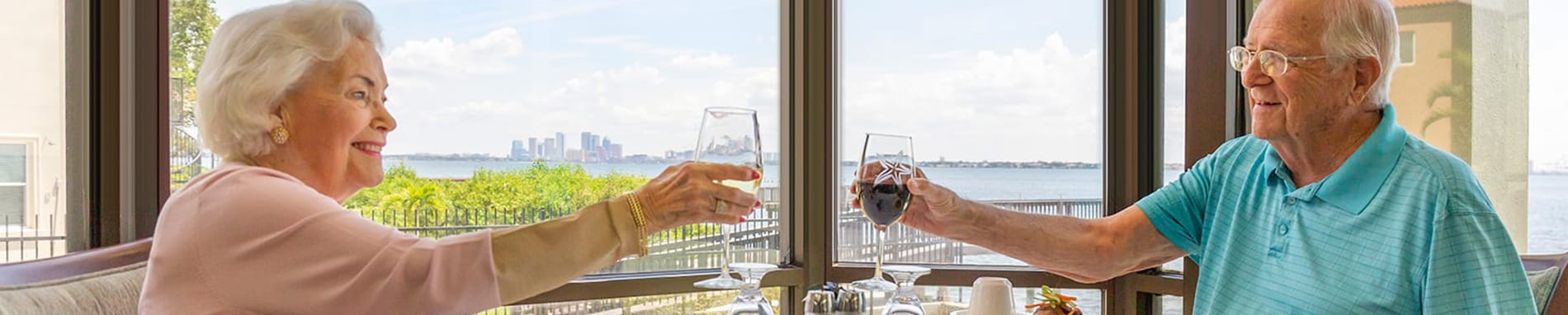 Two seniors toasting with drinks at a table.