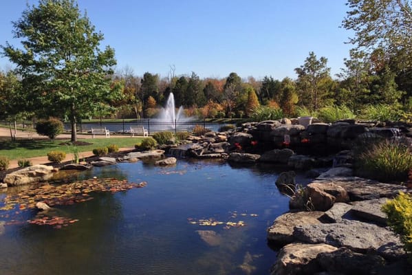 Serene outdoor space with water fountain and pond