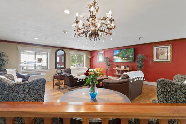 Cozy common area with seating and decorative plants