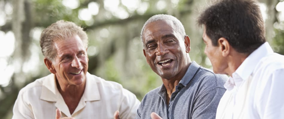 Three men enjoying conversation in a garden setting