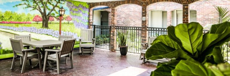 Outdoor seating area with mural and plants