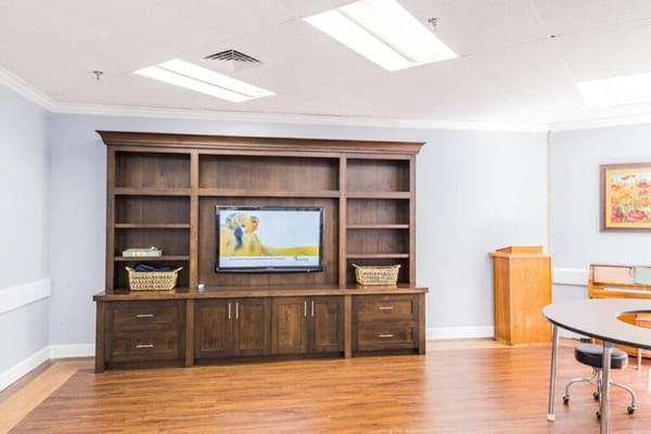 Interior view of a living area with a television