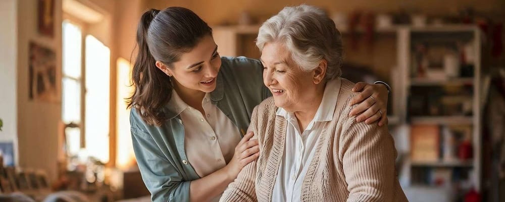 Caregiver smiling with an elderly resident in a cozy setting