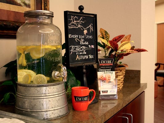 Refreshments and decor in a common area