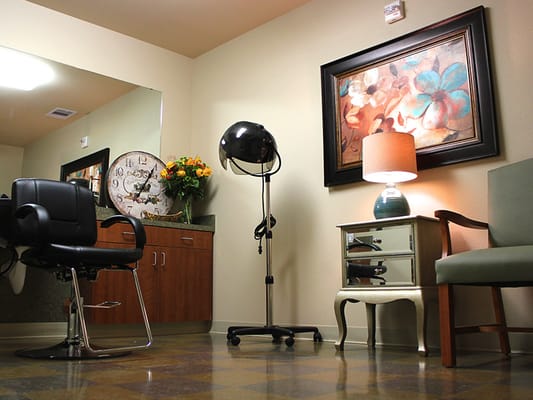 Hair salon area with styling chair and decor