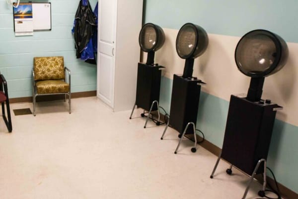 Hair salon equipment in a light blue room