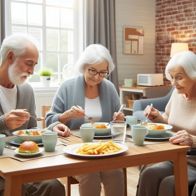 Seniors enjoying meals together in a dining area