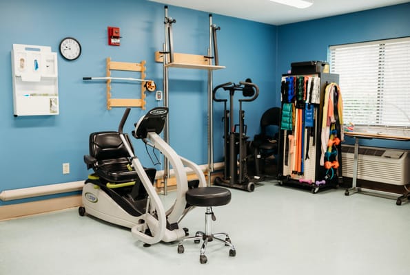 Interior therapy room with exercise equipment