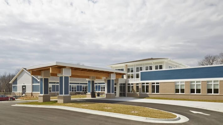 Exterior view of a senior living facility entrance