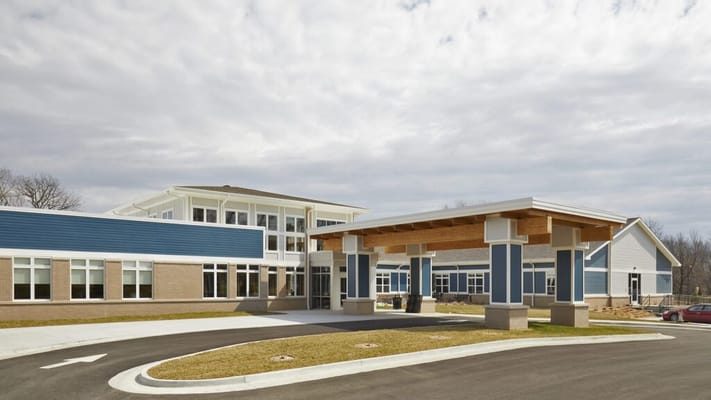 Exterior view of a modern assisted living facility