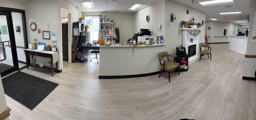 Entryway of a senior living facility with a welcoming atmosphere