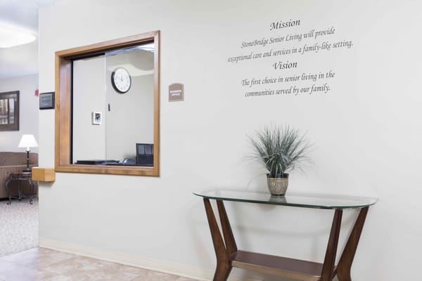 Interior of a senior living facility with mission statement