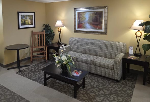 Comfortable lobby area with seating and decorations