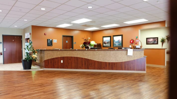 Interior view of a reception area with stylish decor