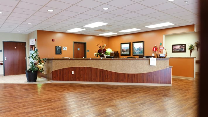 Interior view of a reception area with stylish decor