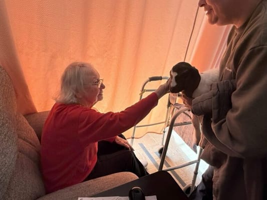 Resident interacting with a dog in a cozy lounge