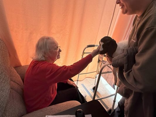 Resident interacting with a dog in a cozy lounge