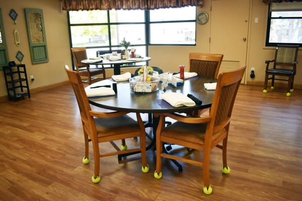 Bright dining room set up for meals