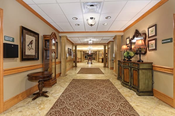 Interior hallway with decorative elements in a senior living facility