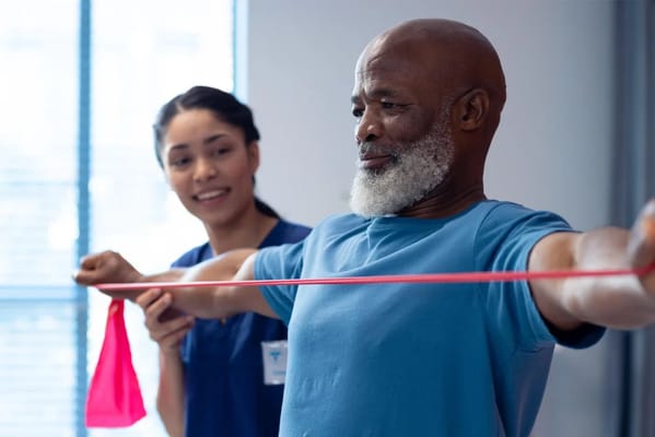 A resident and staff member participating in a therapy exercise