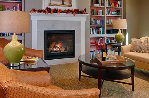 Cozy common area with seating and fireplace