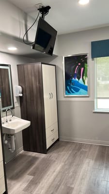Interior view of a resident bathroom with modern fixtures